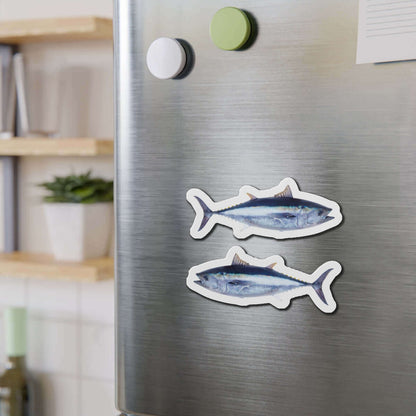 Bluefin Tuna fish shaped magnets on fridge, perfect for fishing fans and fish décor enthusiasts.