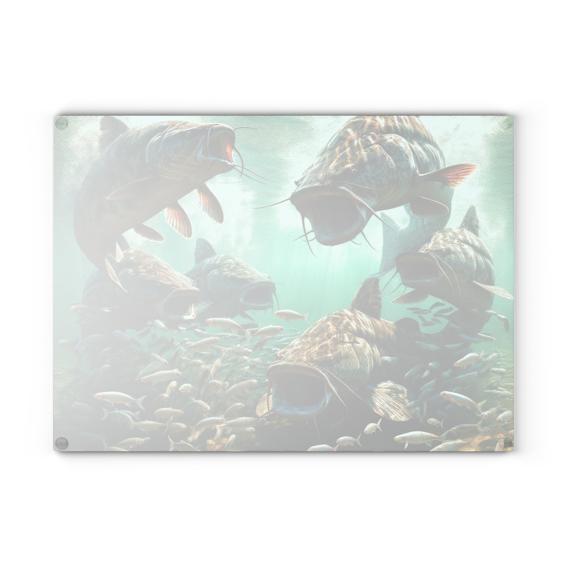 Catfish glass cutting board with vibrant fish design, perfect for stylish kitchen decor or food prep. Durable tempered glass with non-slip padding.