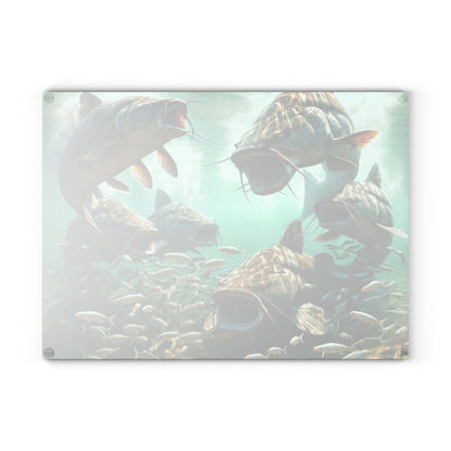 Catfish glass cutting board with vibrant fish design, perfect for stylish kitchen decor or food prep. Durable tempered glass with non-slip padding.