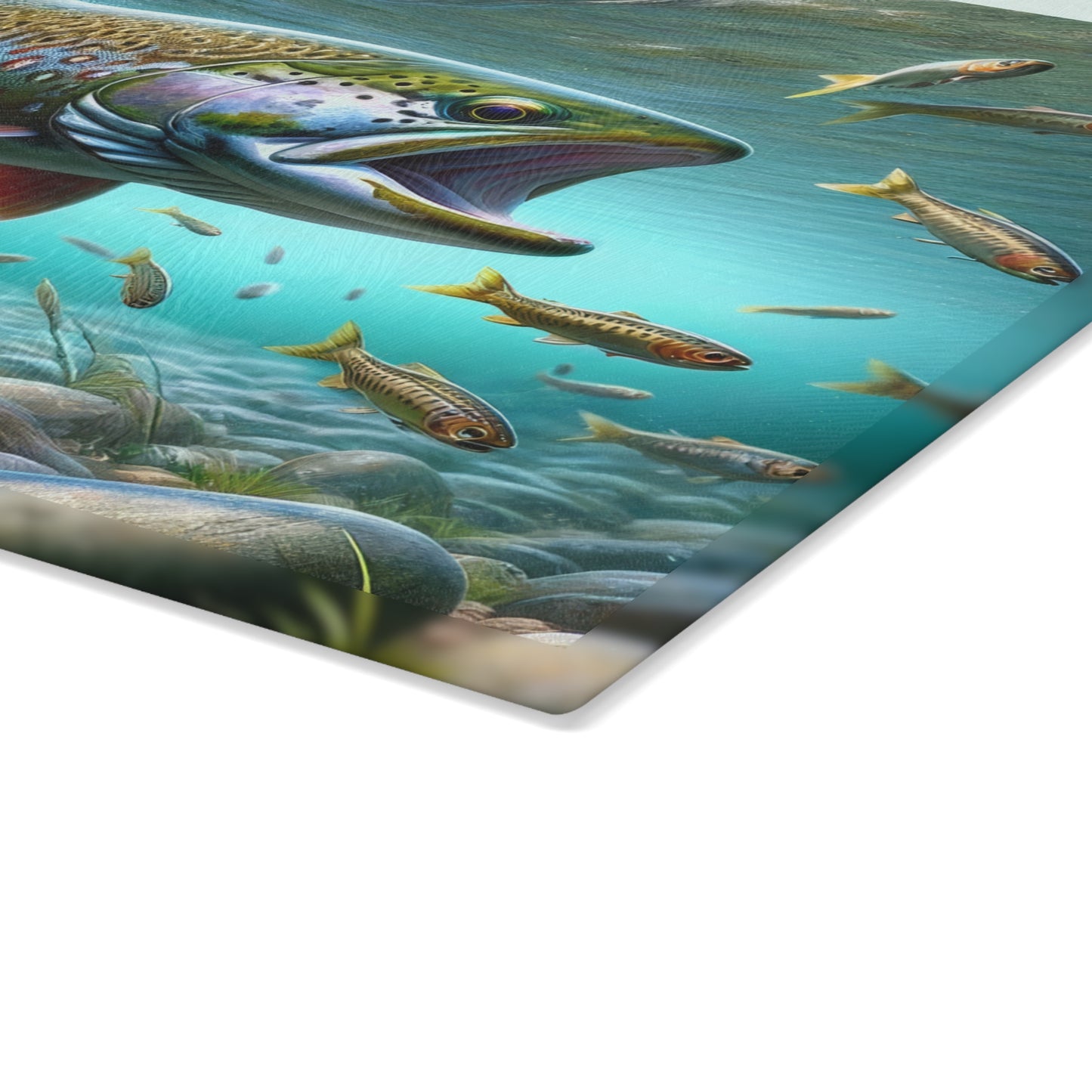 Artistic Brook Trout glass cutting board with vibrant fish design and underwater scene. Durable and scratch-resistant tempered glass.