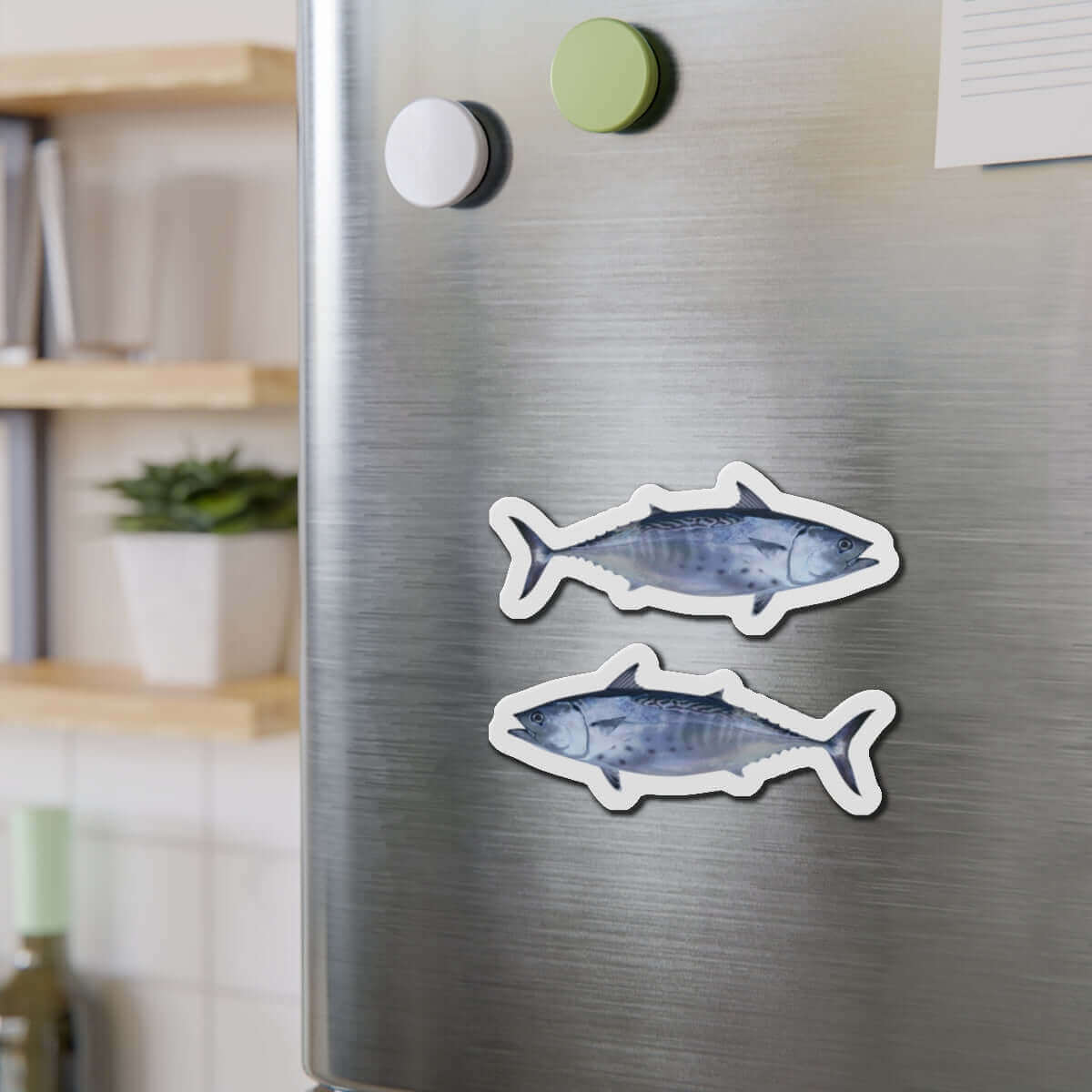 Little Tunny Tuna fish shaped magnets on a stainless steel fridge. Perfect fish décor for fishing fans and fun kitchen magnets lovers.