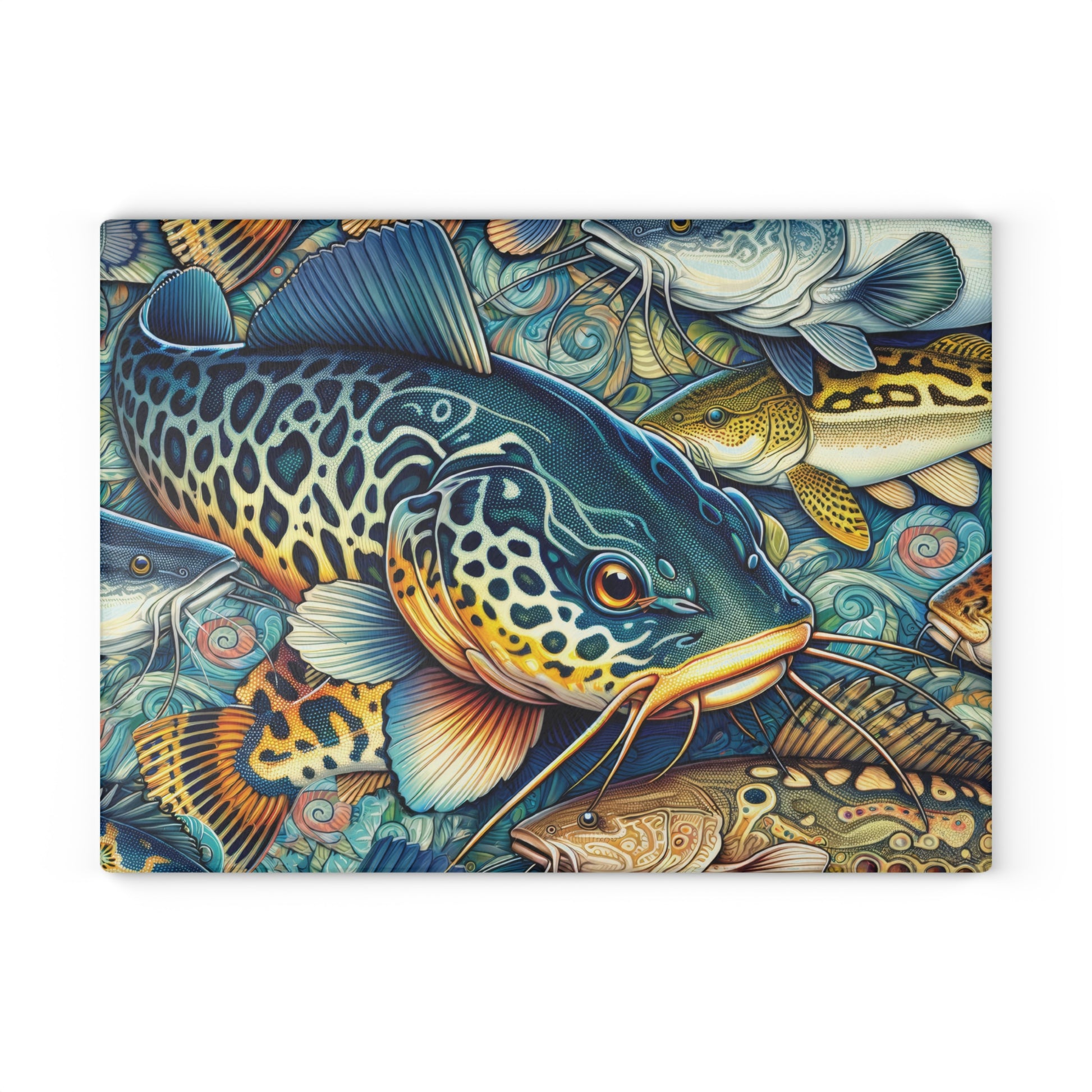 Vibrant catfish design on tempered glass cutting board featuring colorful fish patterns for kitchen decor