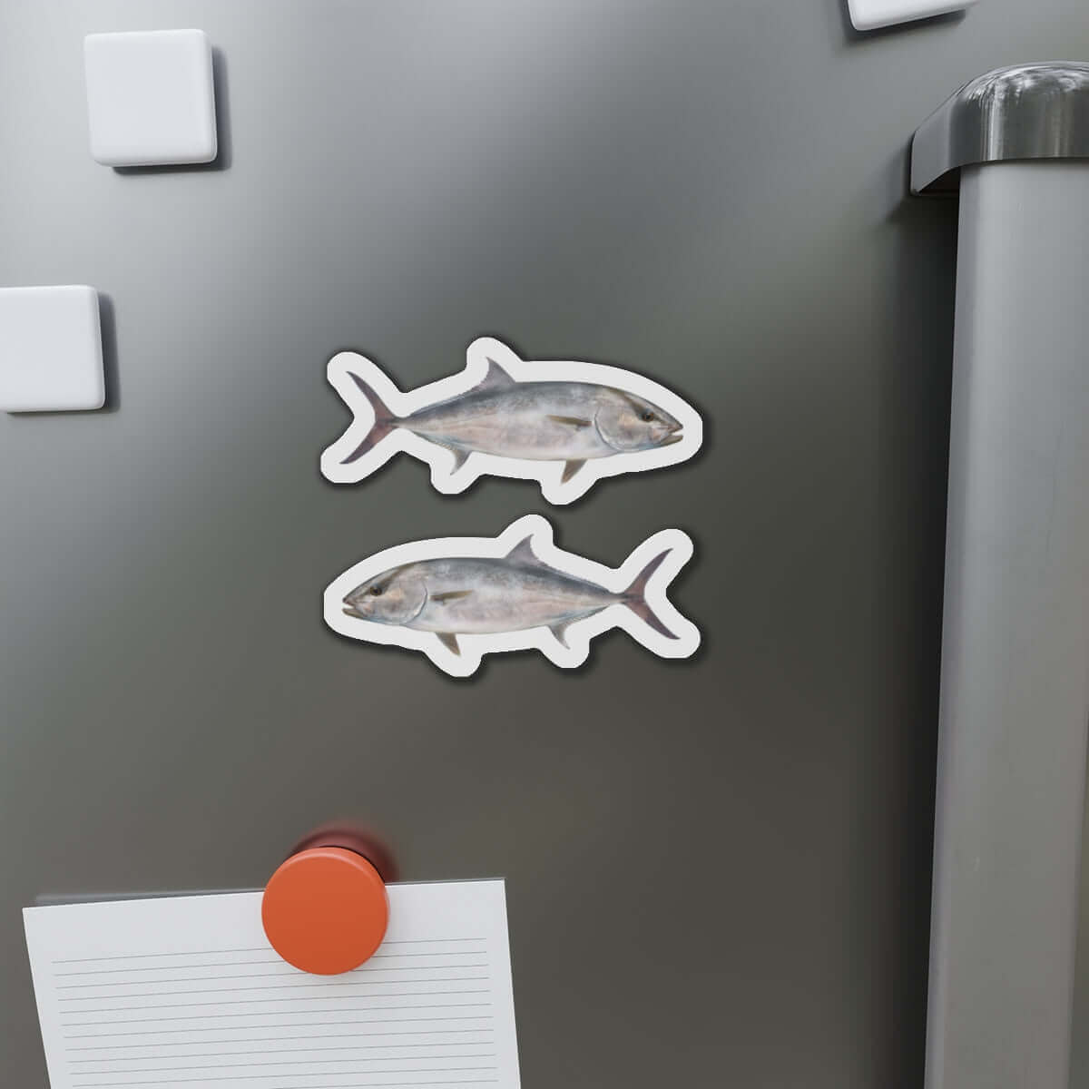 Amberjack fish shaped magnets on refrigerator door, perfect for fish décor and fishing fridge magnets.