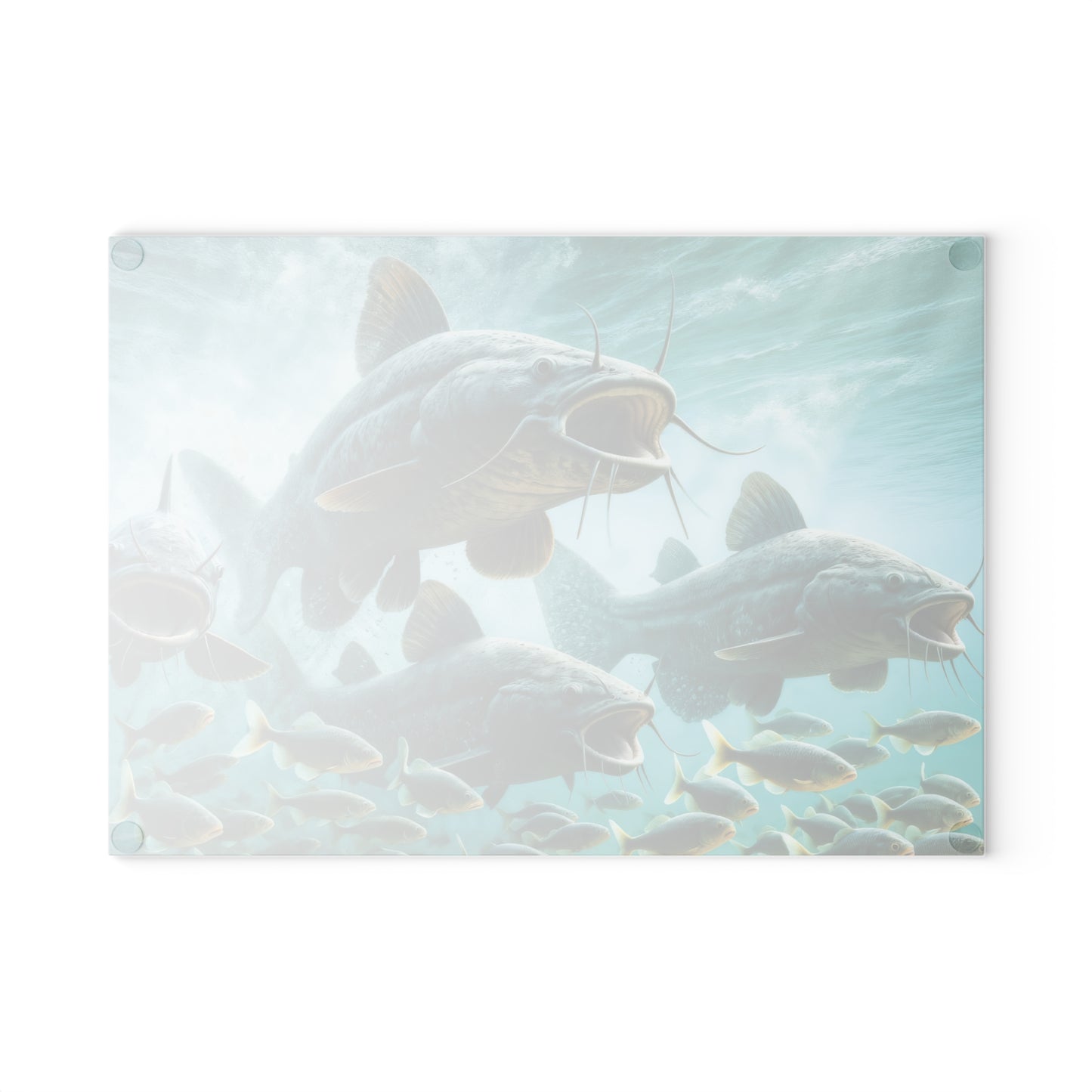 Vibrant catfish design on tempered glass cutting board perfect for fish lovers and stylish kitchen decor