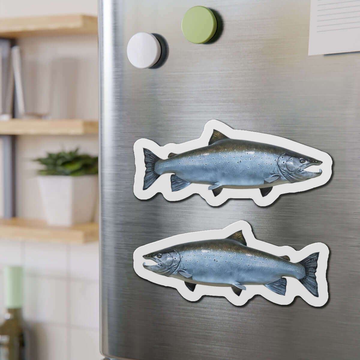 Atlantic Salmon fish shaped magnets on fridge add fun fish décor for fishing fans