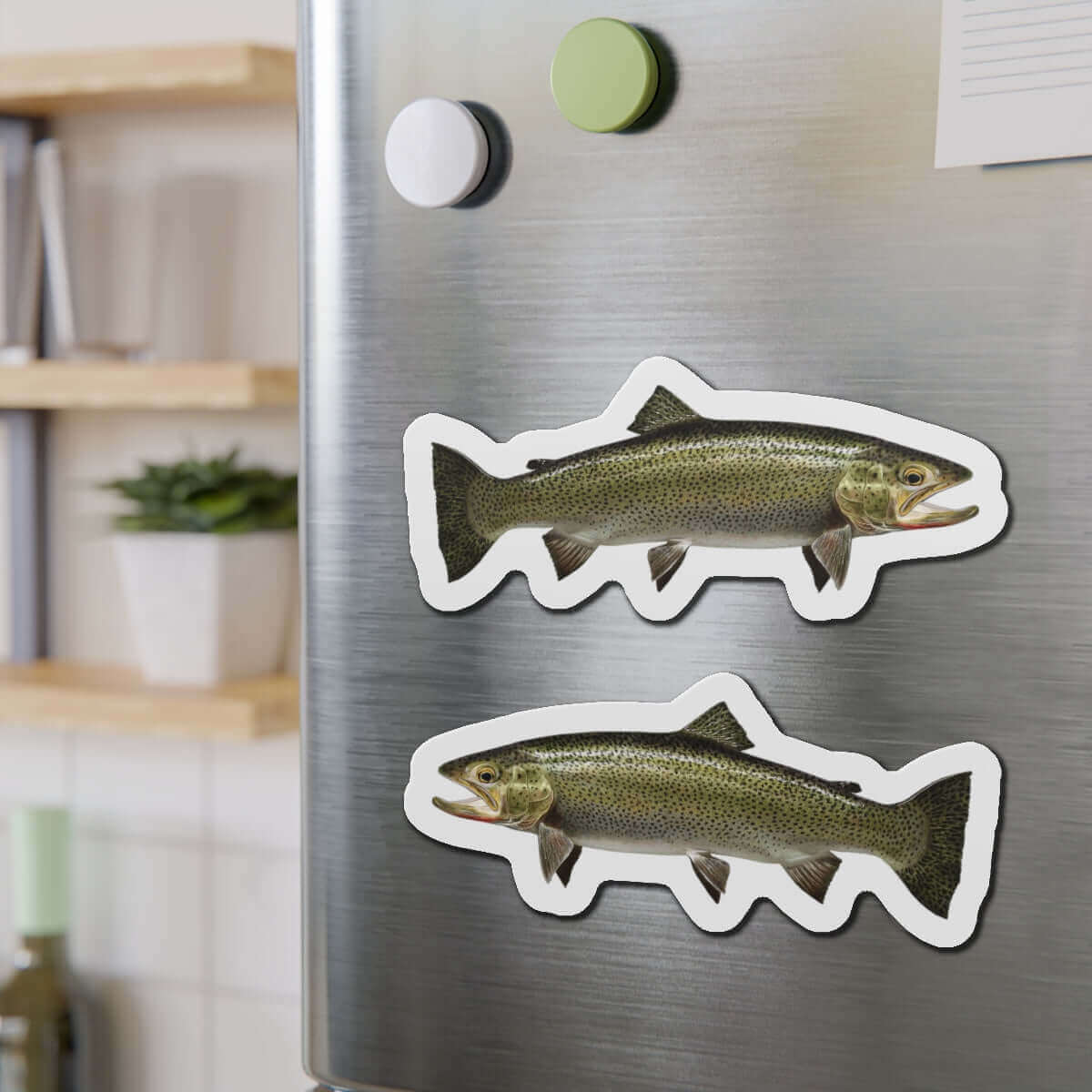 Cutthroat Trout fish shaped magnets on a refrigerator, perfect for adding fun kitchen décor for fishing enthusiasts.