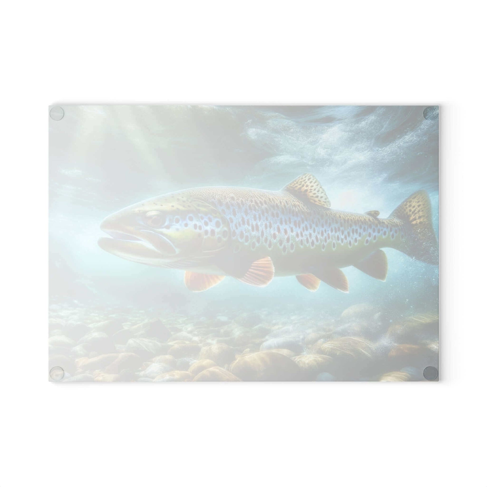 Artistic glass cutting board featuring a vibrant brown trout fish design, perfect for kitchen decor and food preparation.