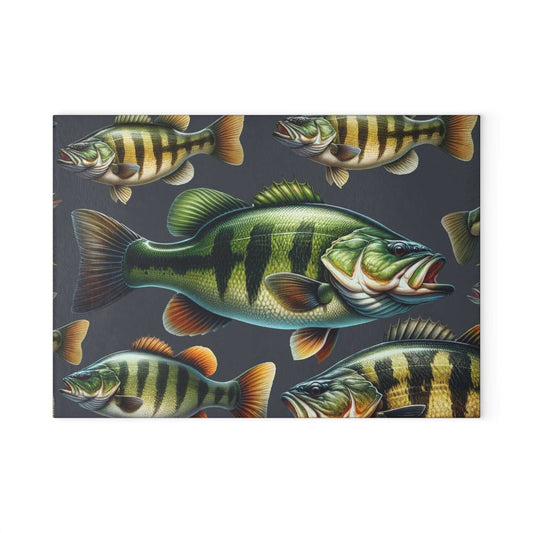 Colorful largemouth bass glass cutting board with vibrant fish design