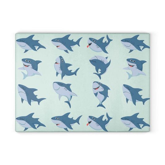 Cute sharks glass cutting board with playful shark design