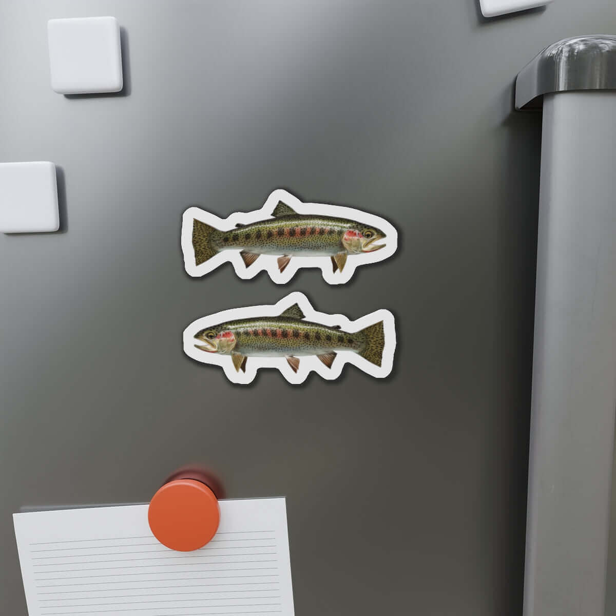 Cutthroat Trout fish shaped magnets on a refrigerator, perfect for adding outdoor flair to kitchen décor.