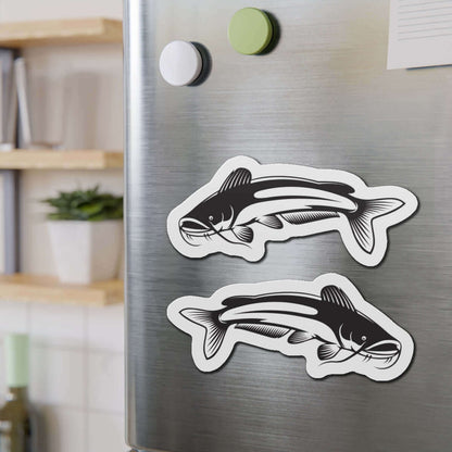 Catfish-shaped magnets on a refrigerator, perfect for fishing fans and nature lovers.