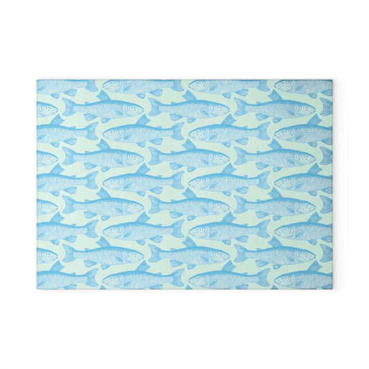 Blue Grayling Fish glass cutting board with vibrant fish design and non-slip padding, perfect for kitchen decor and food prep.