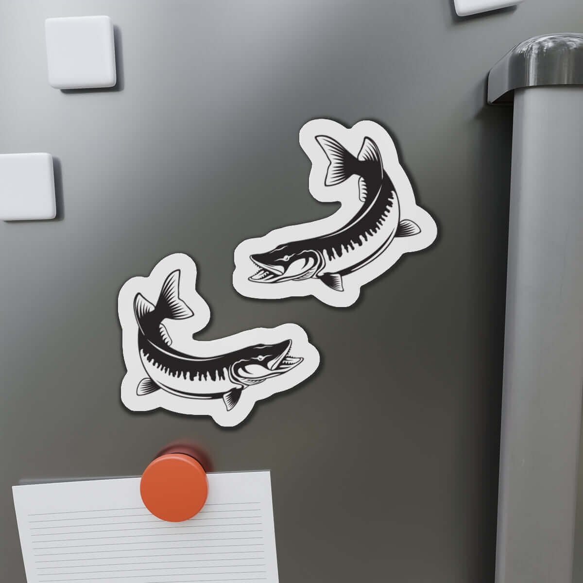 Muskellunge fish shaped magnets on fridge, fun kitchen décor