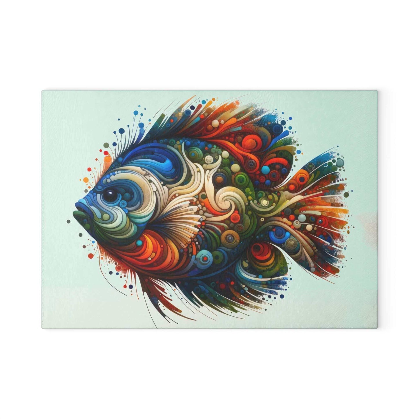 Colorful Crappie fish design on glass cutting board in psychedelic abstract style.