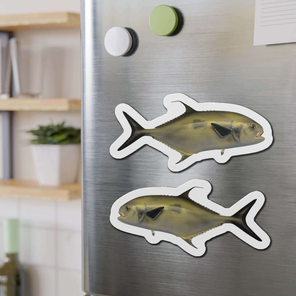 Florida Pompano fish shaped magnets on a fridge, perfect for fishing fans and fun kitchen décor.