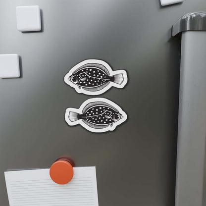 Winter Flounder fish shaped magnets on fridge, perfect for fish décor and fun kitchen accents