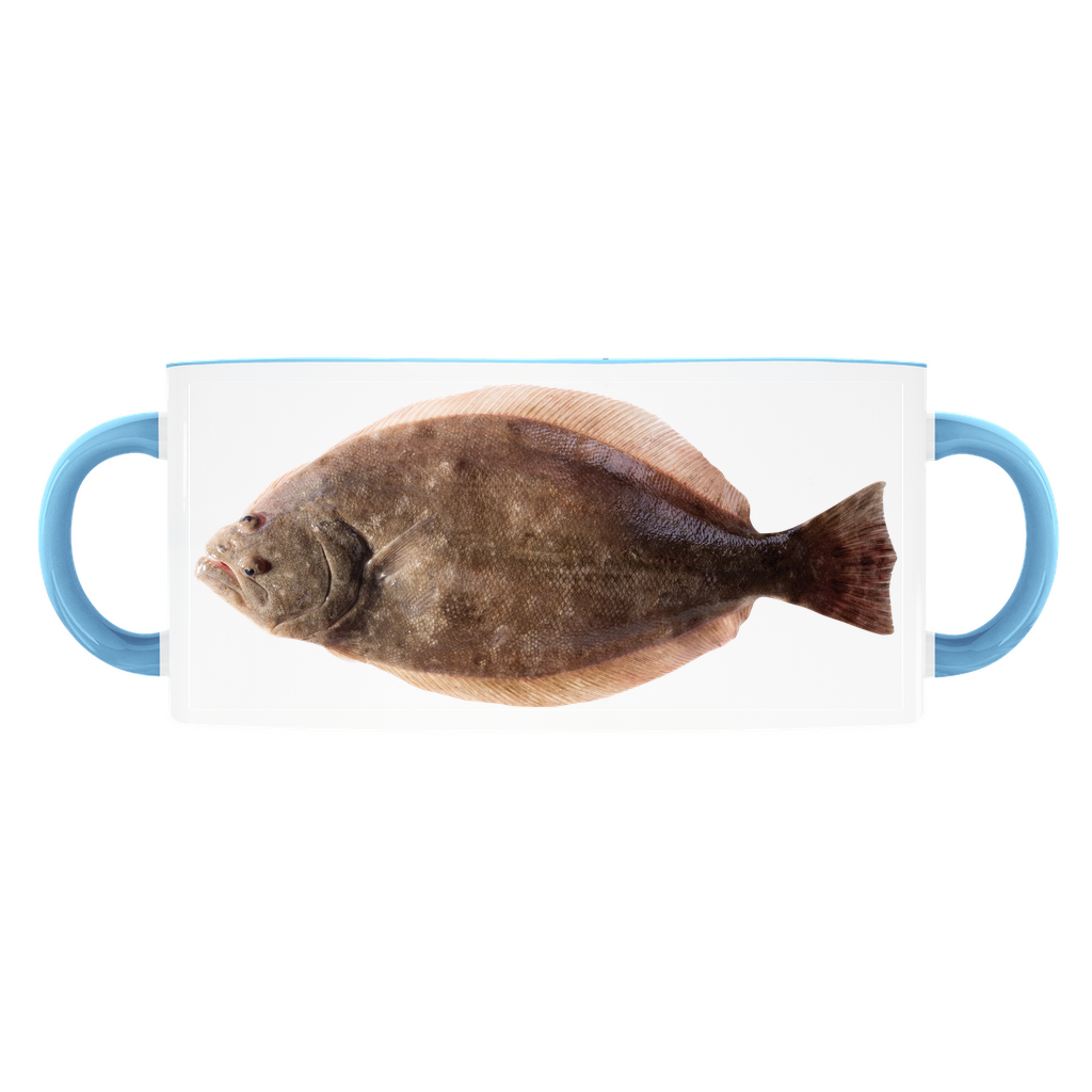 Winter Flounder accent mug with light blue handle and rim on white background.