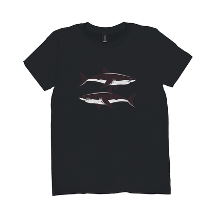 Black cotton T-shirt with striking black and white Great White Shark design, ideal for fish, fishing, and angling enthusiasts.