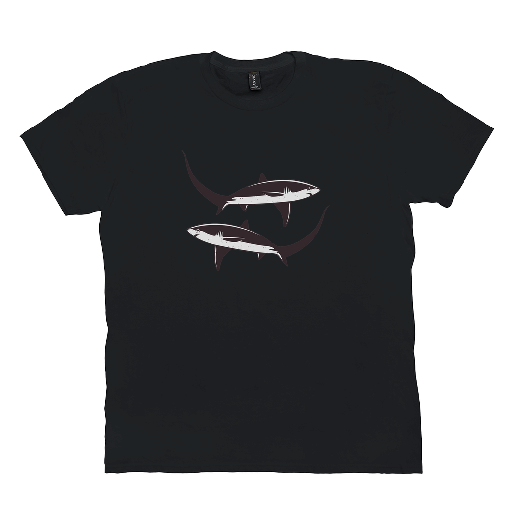 Thresher Shark T-Shirt in abyssal black featuring black and white shark design with elongated tail, perfect for fishing and angling enthusiasts.