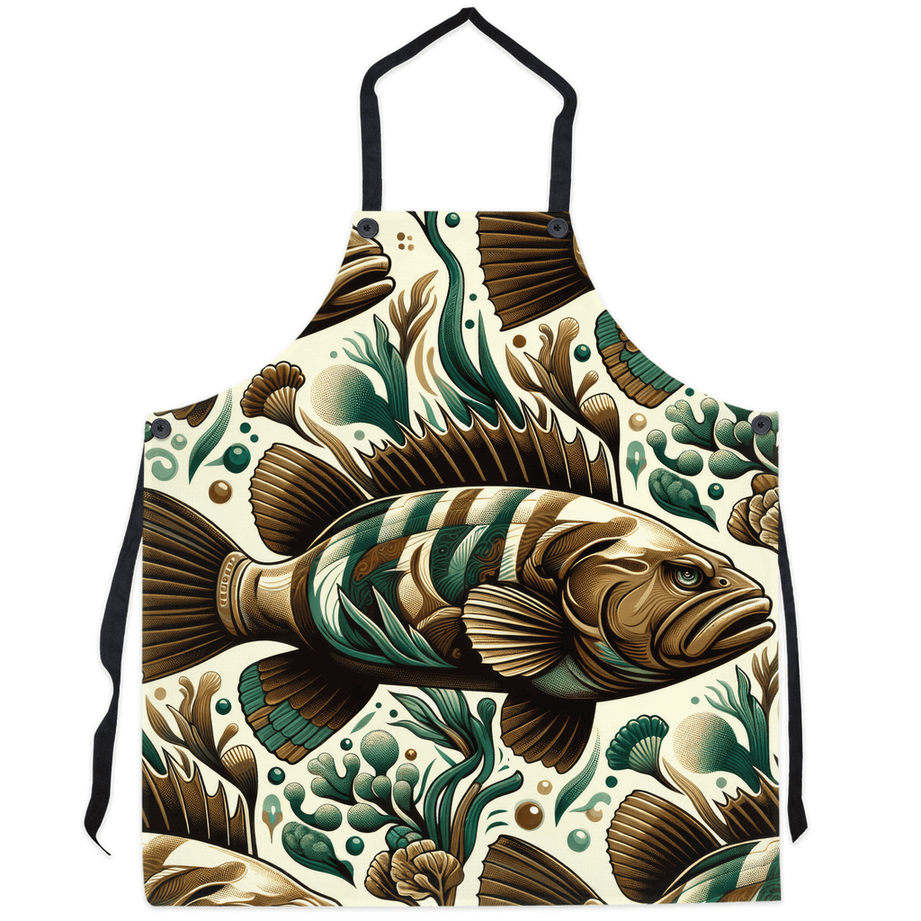 Colorful apron with bold Grouper fish design, showcasing the vibrant and distinctive marine pattern, perfect for kitchen and craft activities.