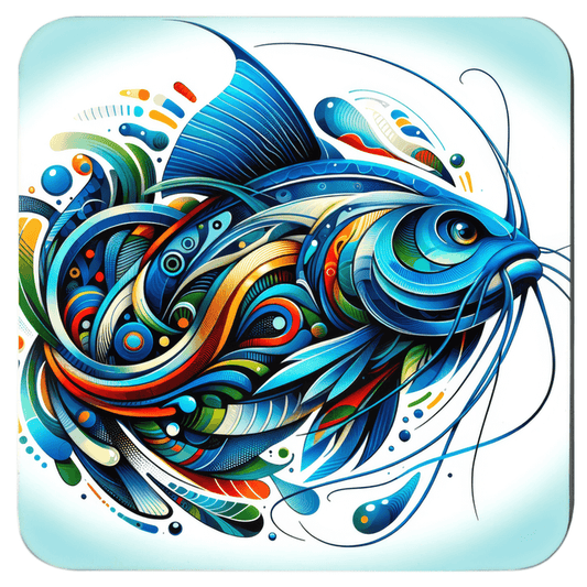 Colorful abstract catfish design on a square coaster