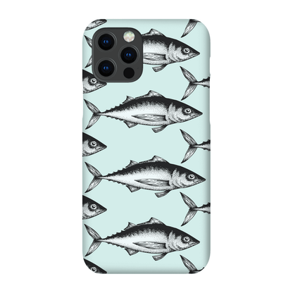 Smartphone case with a pattern of illustrated fish on a light blue background.