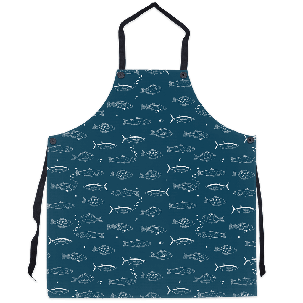 Marine-themed apron with intricate sketches of sea life on a blue background, perfect for ocean enthusiasts and home chefs.