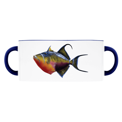 Colorful fish illustration on two-handled white mug with blue accents.