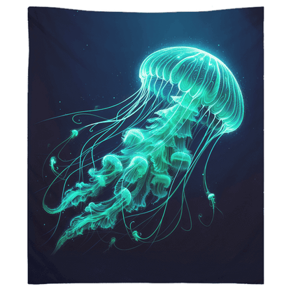 Glowing green jellyfish wall tapestry adds vibrant fish décor to any room.