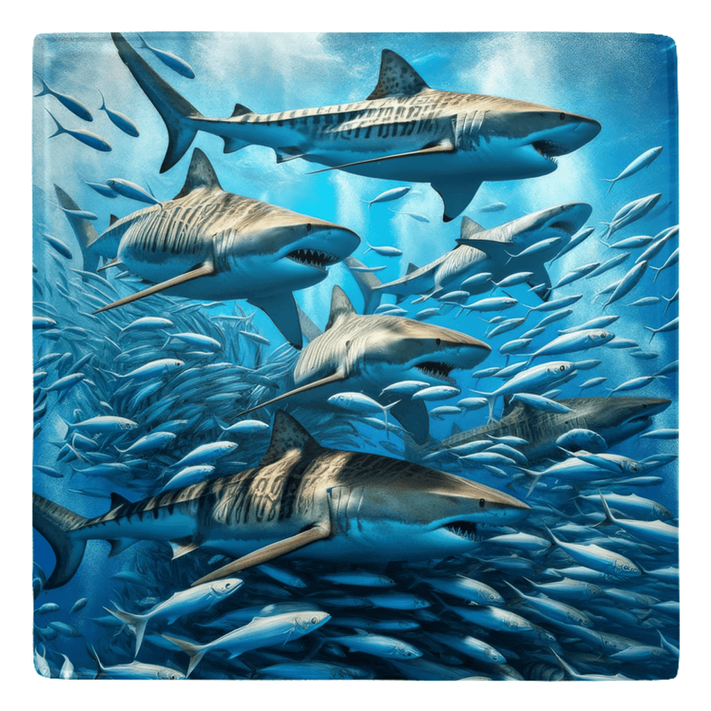 sharks swimming with a school of fish, showcasing fish fridge magnets in ocean scenery