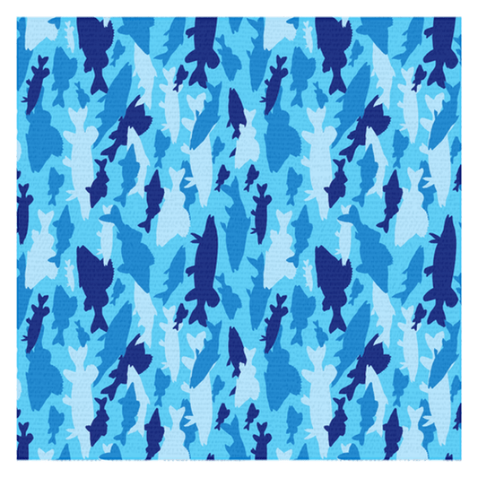 Fish camo pattern blue tablecloth with aquatic flair in shades of blue, perfect for dining spaces.