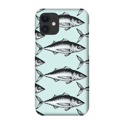 Phone case with black and white fish pattern on a light blue background.