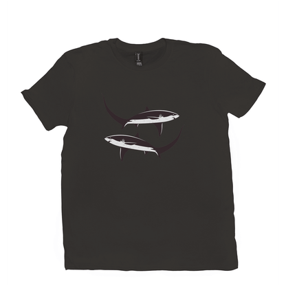 Thresher Shark T-Shirt with black and white fish design, featuring the elongated tails of thresher sharks on a black background.