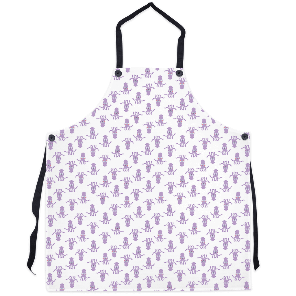 Retro-style white apron with purple octopus pixel art pattern, perfect for ocean-loving cooks.