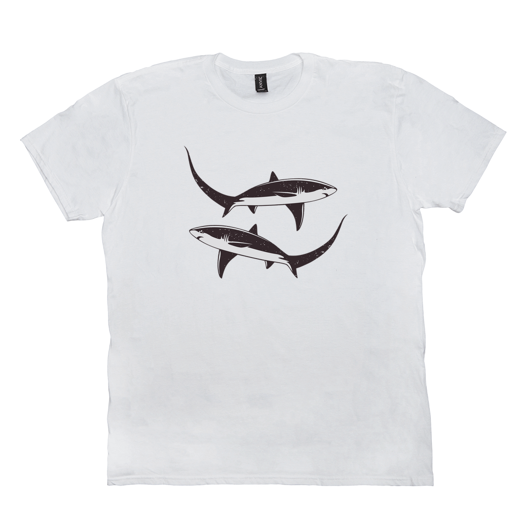 Thresher Shark T-Shirt in white featuring black and white design of two thresher sharks with elongated tails, perfect for fish and fishing enthusiasts