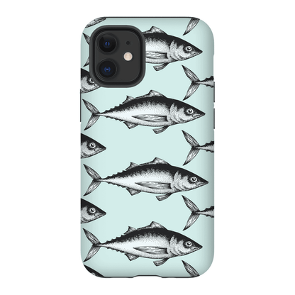 Phone case with vintage fish illustration on light blue background, fits various models, stylish aquatic-themed accessory.