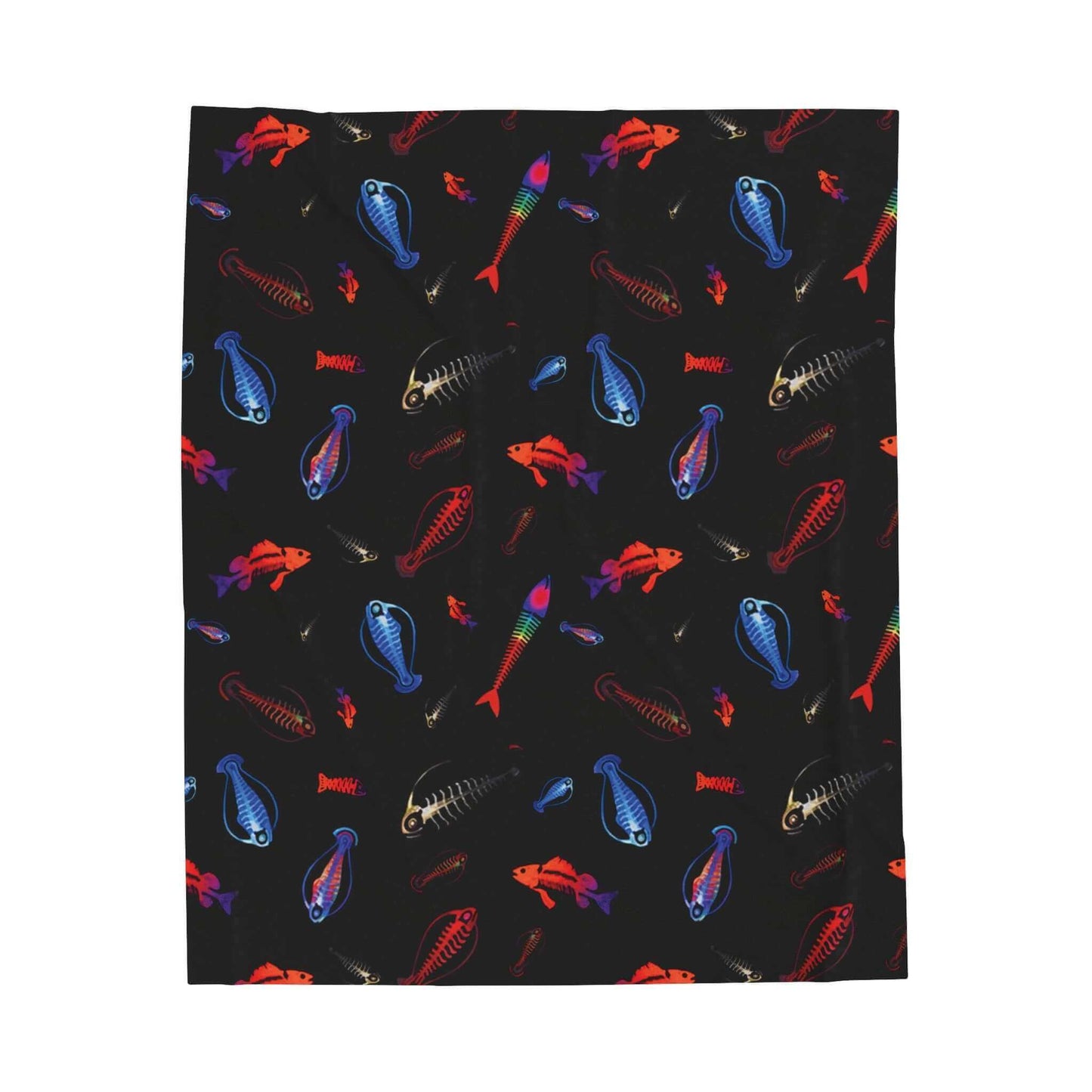 Deep Sea Glowing Skeleton Fish Plush Blanket with colorful luminescent fish skeletons on soft velveteen fabric.