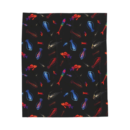 Deep Sea Glowing Skeleton Fish Plush Blanket with colorful luminescent fish skeletons on soft velveteen fabric.