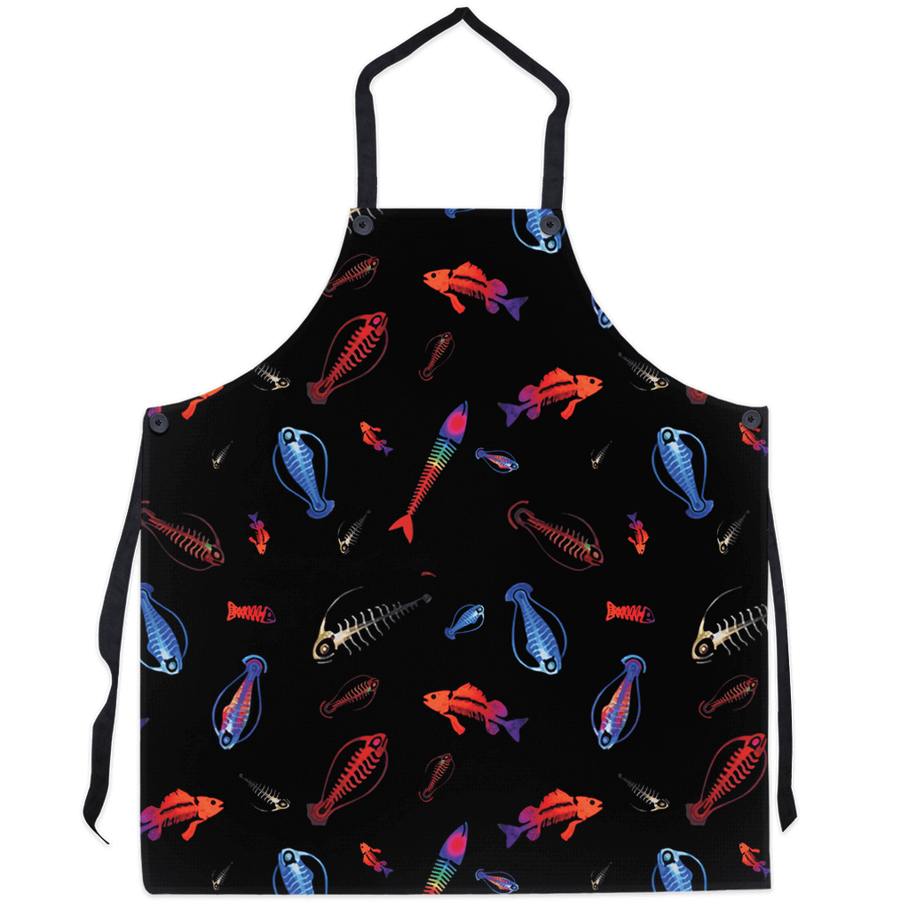 Apron with colorful fish skeleton and plankton design against a black background, perfect for ocean enthusiasts and marine life lovers.