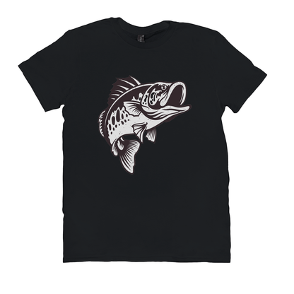 Black Smallmouth Bass T-Shirt with black and white fish design for anglers