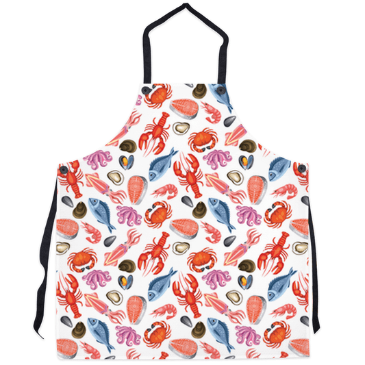 Vibrant seafood design apron featuring lobsters, crabs, fish, and shells on a white background, perfect for adding a marine touch to your kitchen.