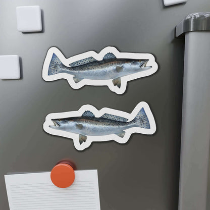 Spotted Seatrout fish-shaped magnets on a fridge, perfect for fishing fridge magnets or fun kitchen décor.