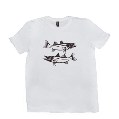 Snook T-Shirt in white featuring a black and white fish design, perfect for fishing enthusiasts and anglers, made from 100% cotton for comfort and durability.