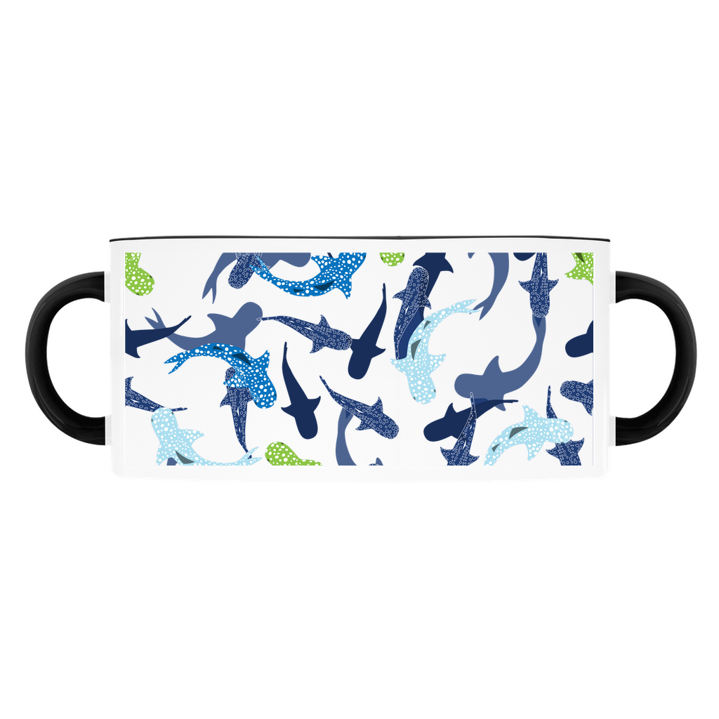 Reef Sharks Design mug on a light blue background, with a black handle and rim.