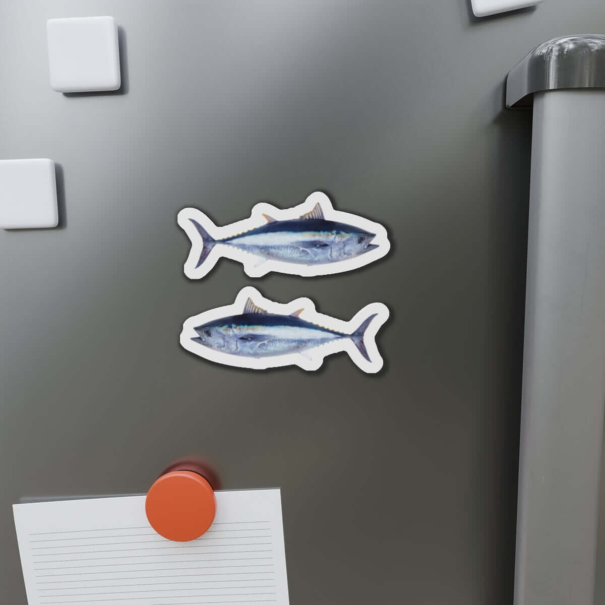 Bluefin Tuna fish shaped magnets on a fridge, perfect for fish décor and fishing fridge magnets enthusiasts.