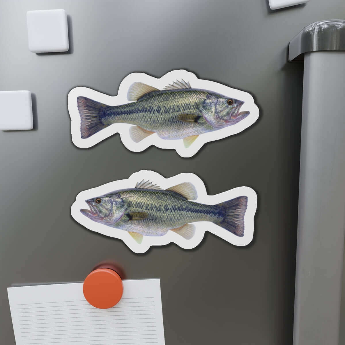 Largemouth Bass fish shaped magnets on fridge, adding natural flair as fun kitchen décor.