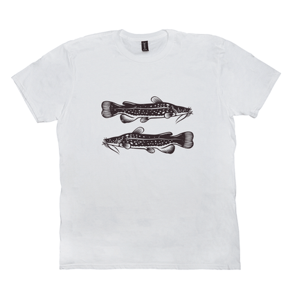 Flathead Catfish T-Shirt with black and white fish design on a white background, perfect for fishing and angling enthusiasts.