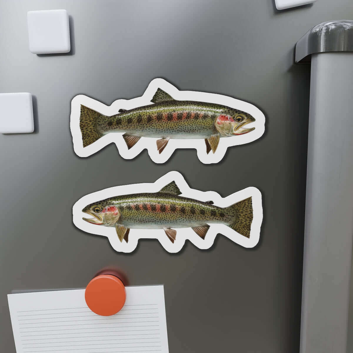 Cutthroat Trout fish shaped magnets on fridge, featuring left and right-facing designs, perfect fish décor for fishing enthusiasts.