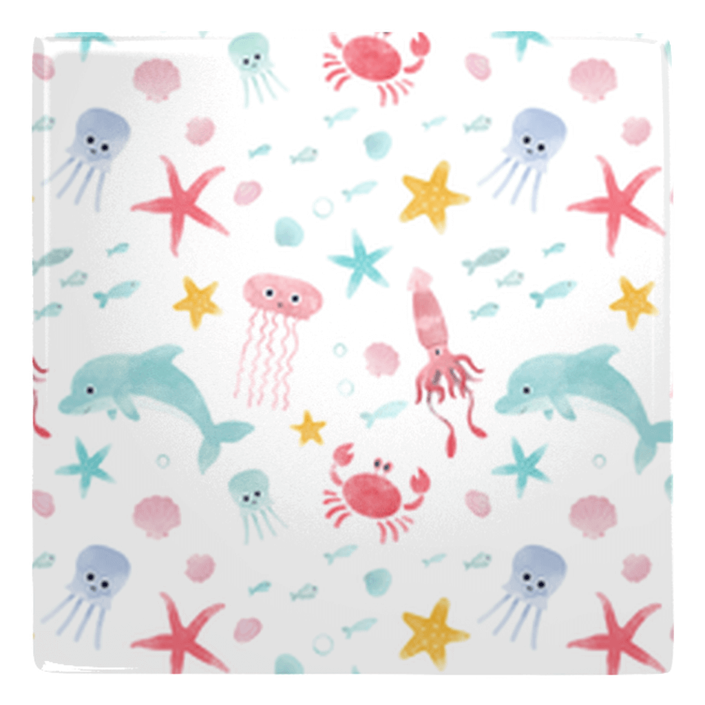 Colorful watercolor ocean life design with dolphins, crabs, and starfish. Perfect fish décor for your fridge.