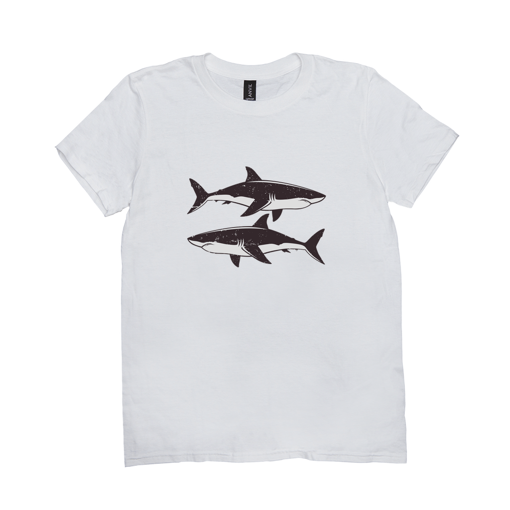 Great White Shark T-Shirt in white with black and white shark design, perfect for fishing and angling enthusiasts. 100% cotton.